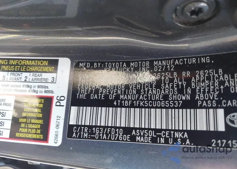 2012 Toyota Camry Le from USA, damaged, VIN 4T1BF1FK5CU065537